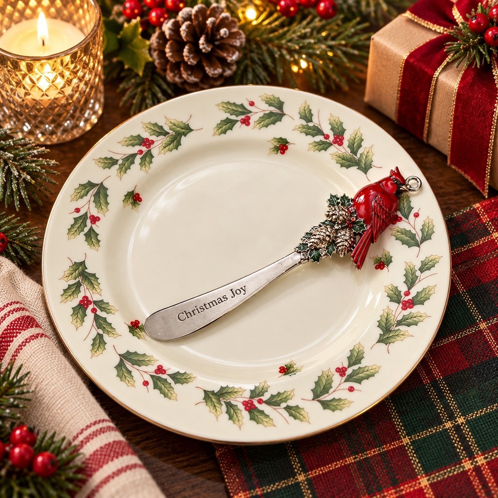 World Bazaars Holly Berry Plate and Cardinal  Spreader Set Christmas Holiday